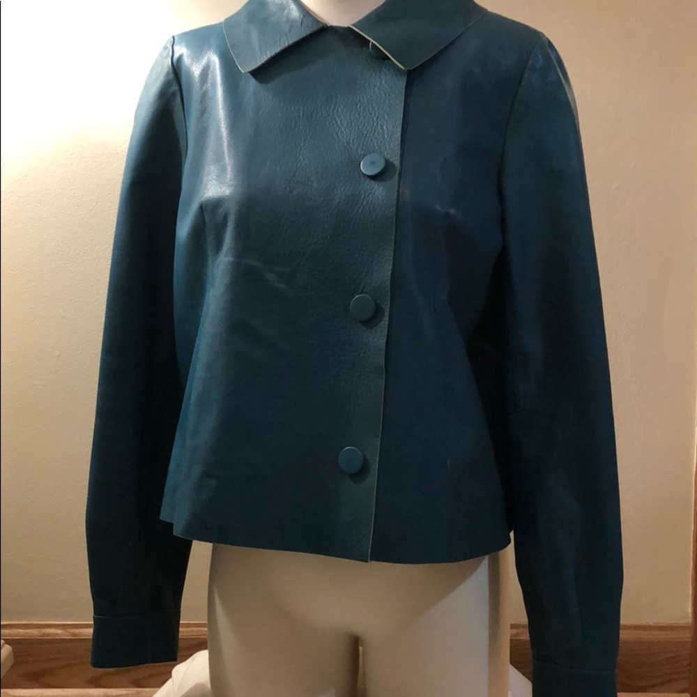 Chloe’ Teal Pleated Swing Leather Jacket